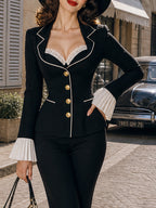Vintage Black Gold-Button Tailored Peplum Blazer