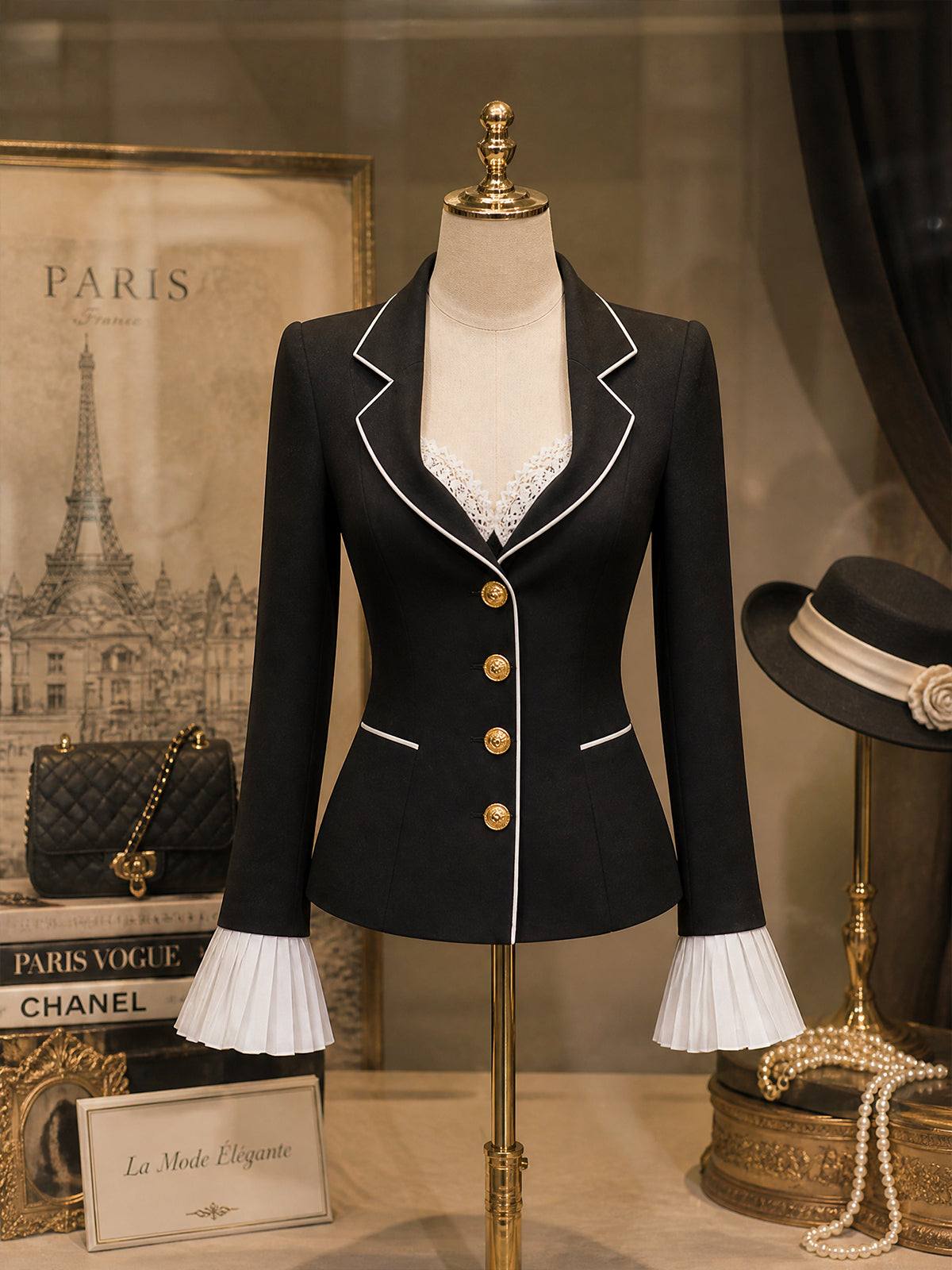 Vintage Black Gold-Button Tailored Peplum Blazer