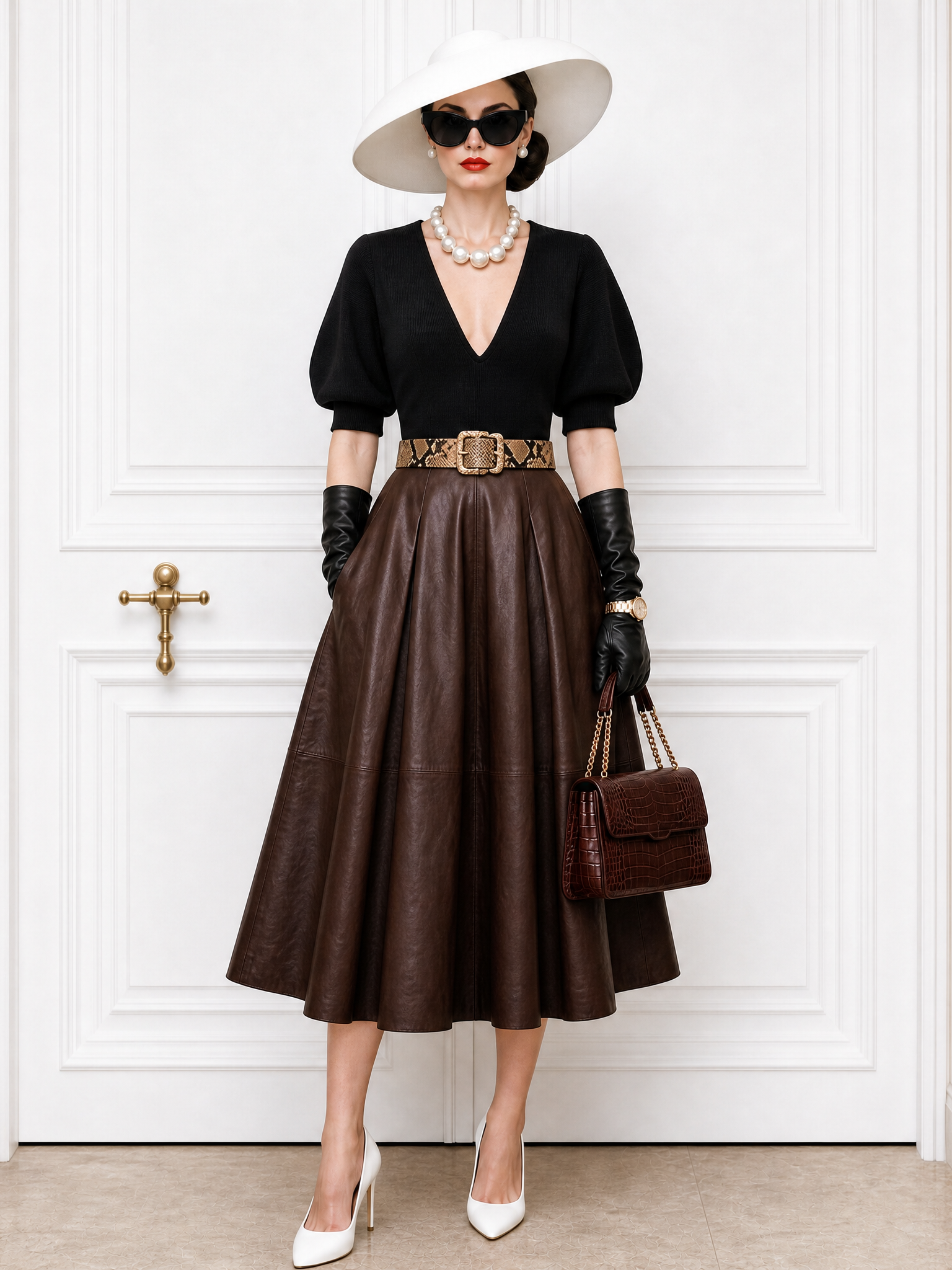 Vintage High‑Waist Faux Leather Flared Midi Skirt