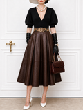 Vintage High‑Waist Faux Leather Flared Midi Skirt