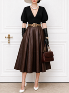 Vintage High‑Waist Faux Leather Flared Midi Skirt
