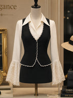 Vintage Cream Lace-Sleeve Blouse & Black Vest Set