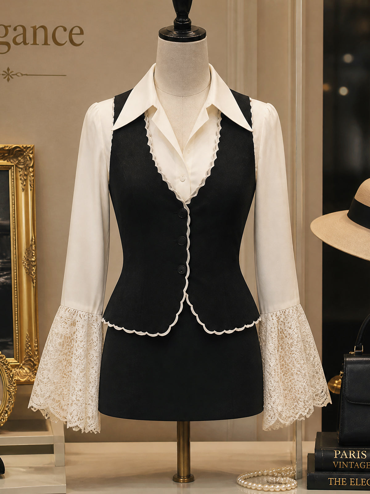 Vintage Cream Lace-Sleeve Blouse & Black Vest Set