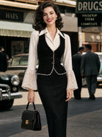 Vintage Cream Lace-Sleeve Blouse & Black Vest Set