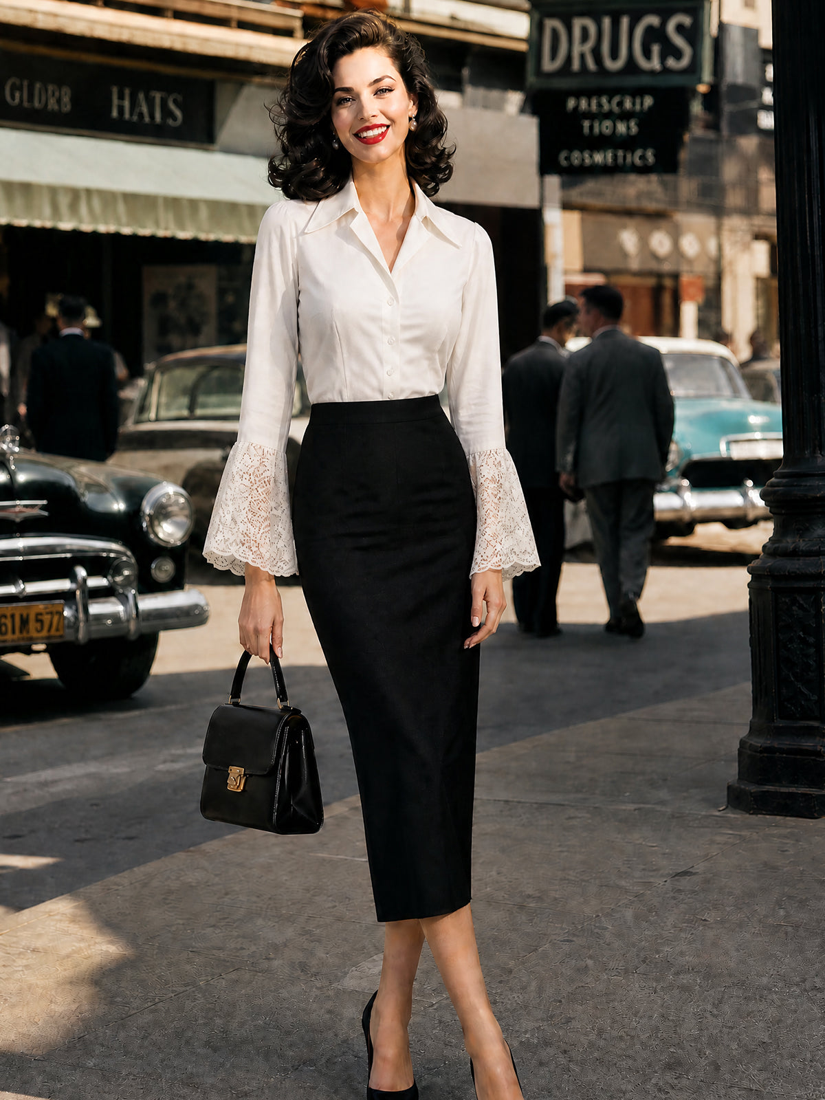 Vintage Cream Lace-Sleeve Blouse & Black Vest Set