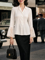 Vintage Cream Lace-Sleeve Blouse & Black Vest Set