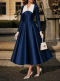 Vintage Navy White-Collar Button-Front Satin A-Line Dress
