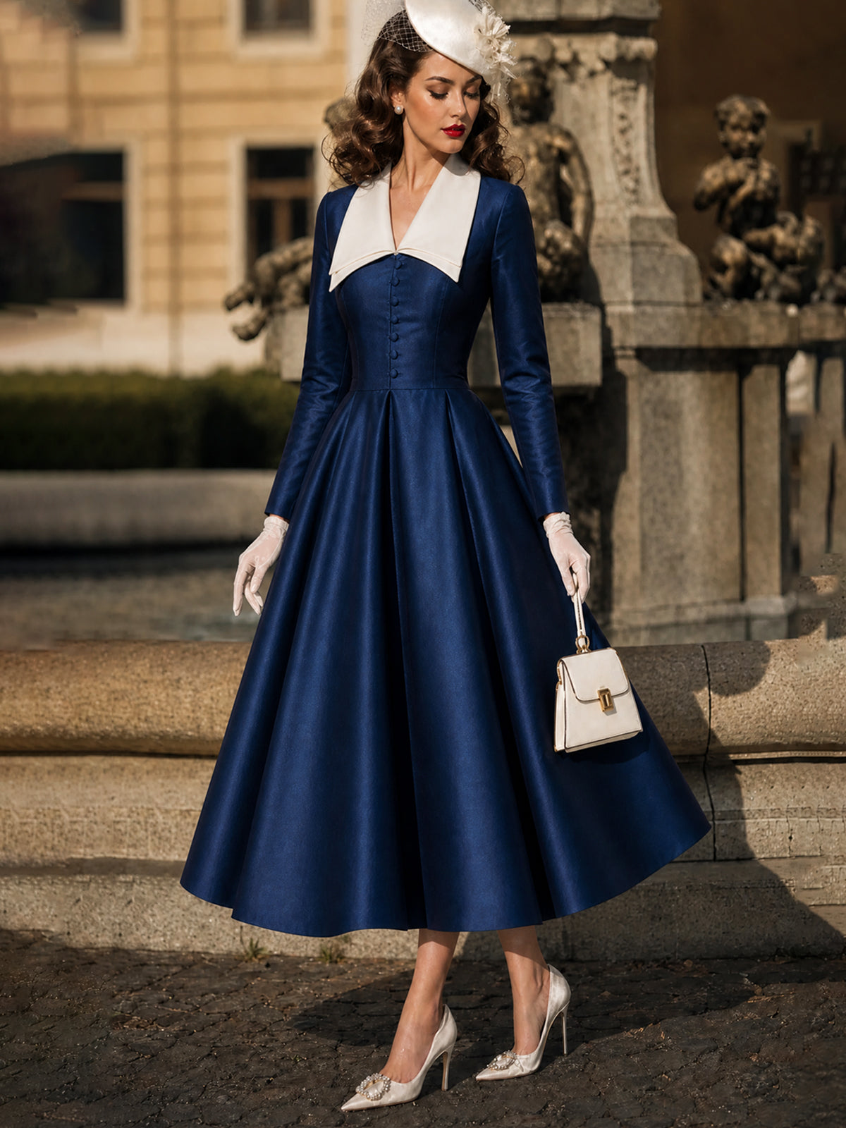 Vintage Navy White-Collar Button-Front Satin A-Line Dress