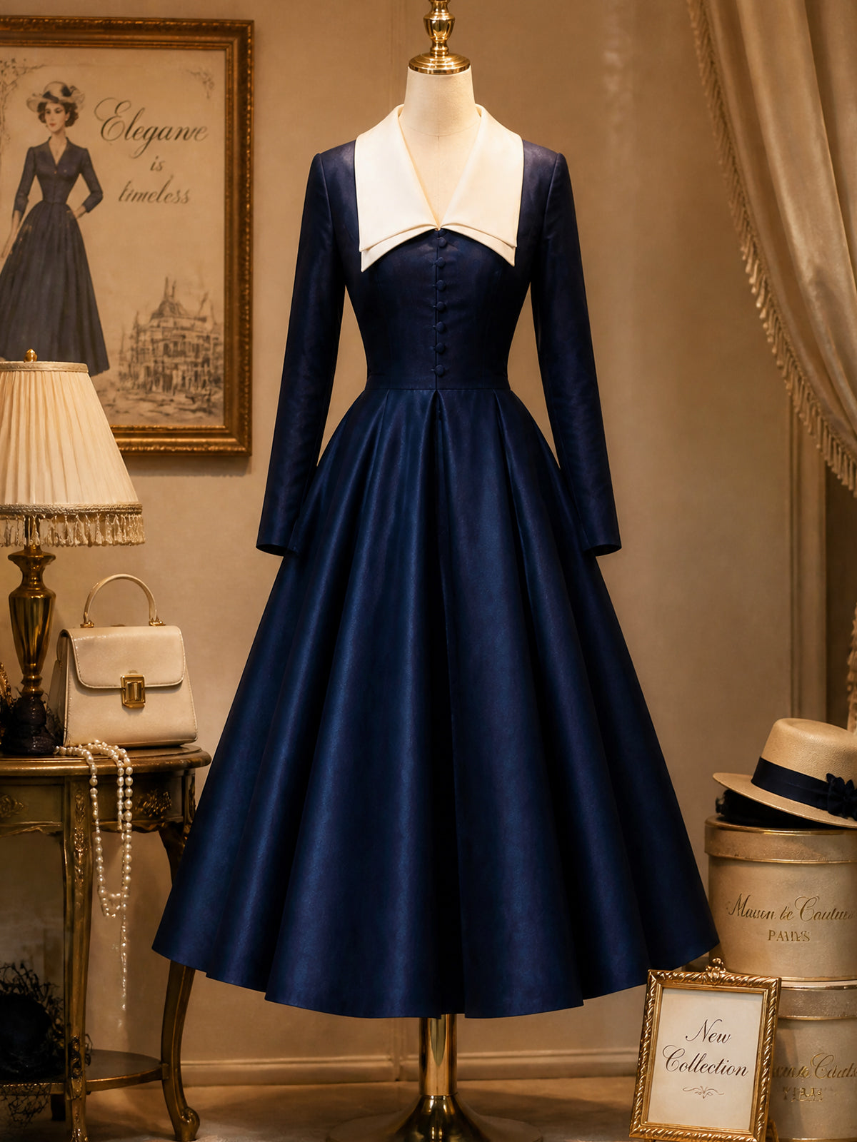 Vintage Navy White-Collar Button-Front Satin A-Line Dress