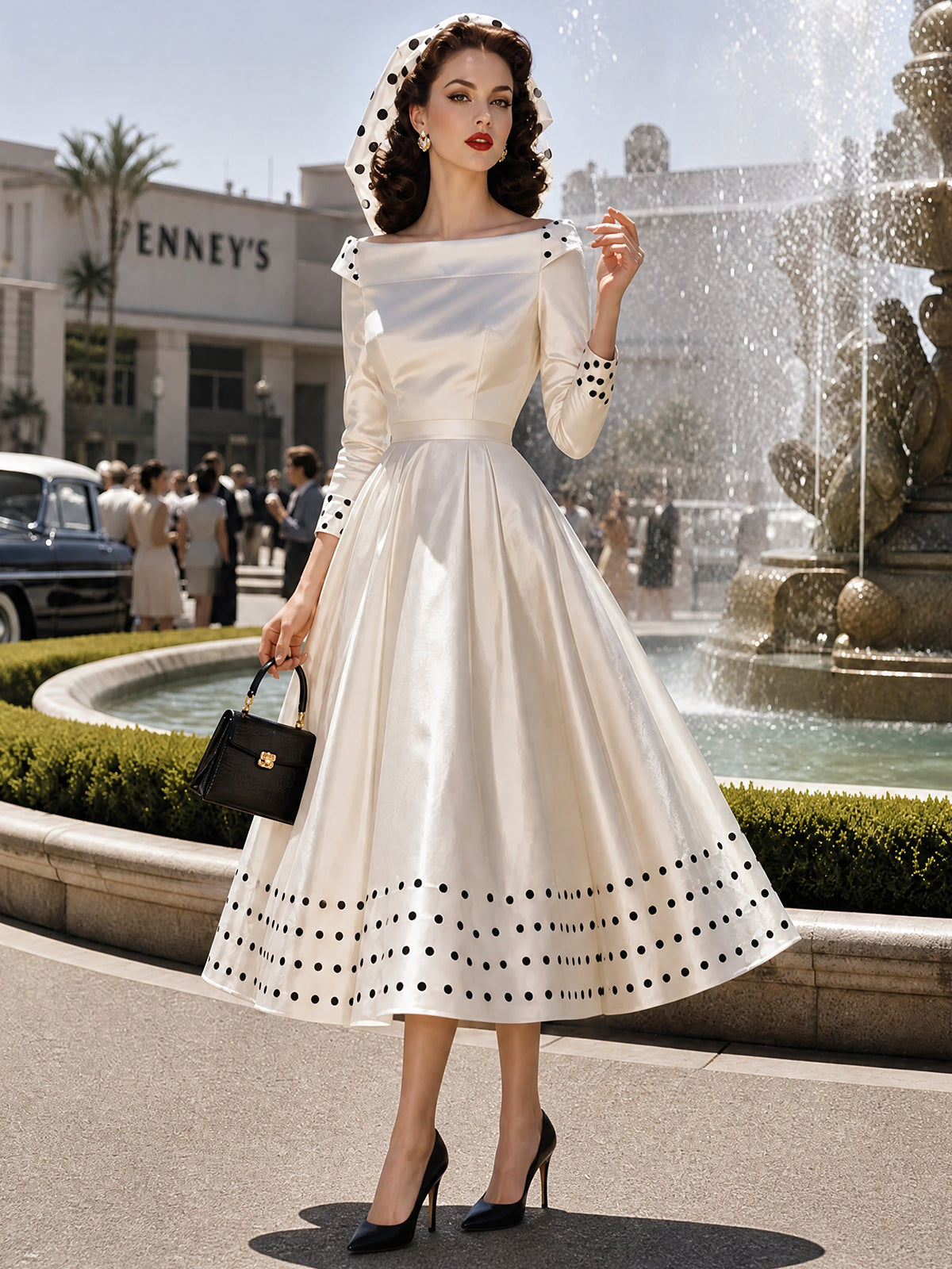 Vintage Ivory Polka-Dot Trim Boat-Neck A-Line Dress