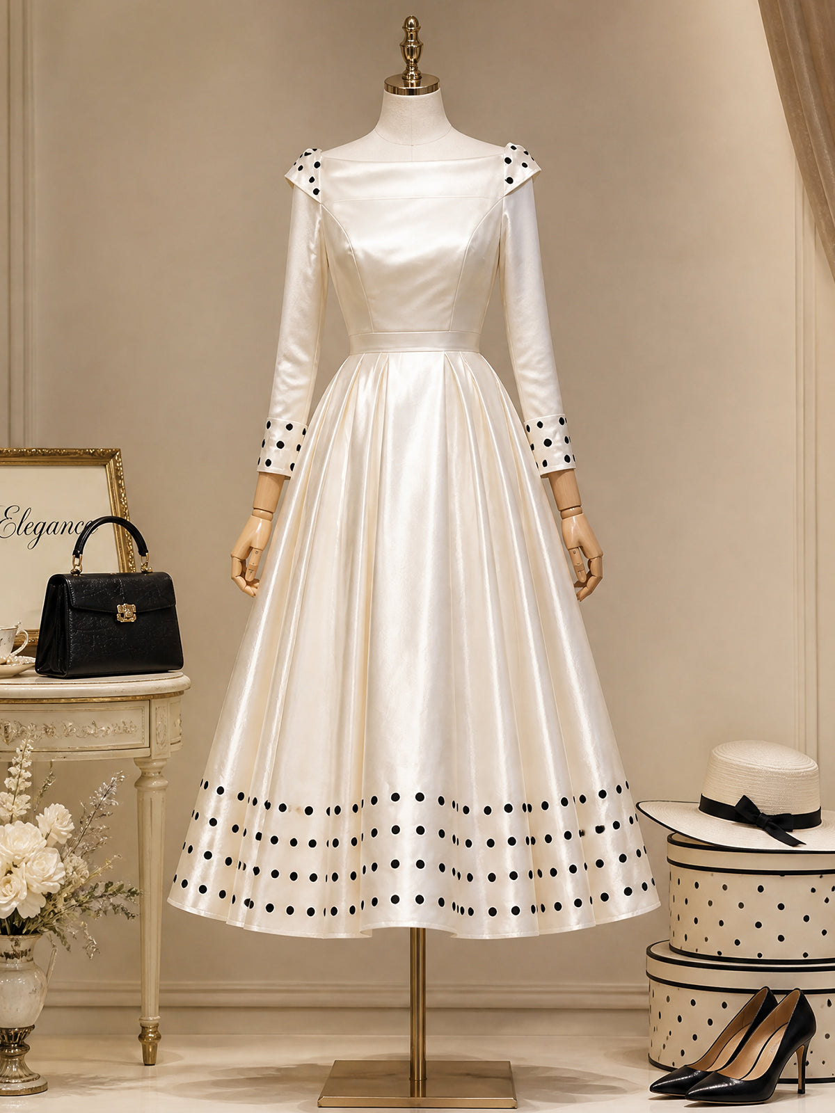 Vintage Ivory Polka-Dot Trim Boat-Neck A-Line Dress
