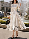 Vintage Ivory Polka-Dot Trim Boat-Neck A-Line Dress