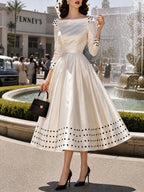 Vintage Ivory Polka-Dot Trim Boat-Neck A-Line Dress