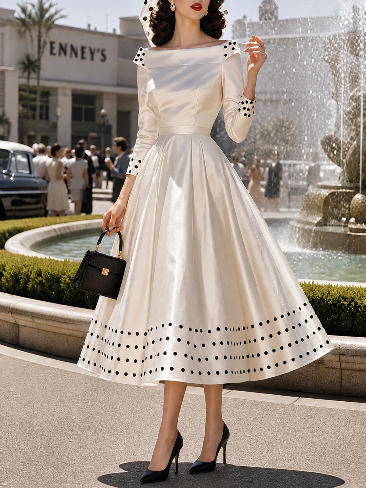 Vintage Ivory Polka-Dot Trim Boat-Neck A-Line Dress