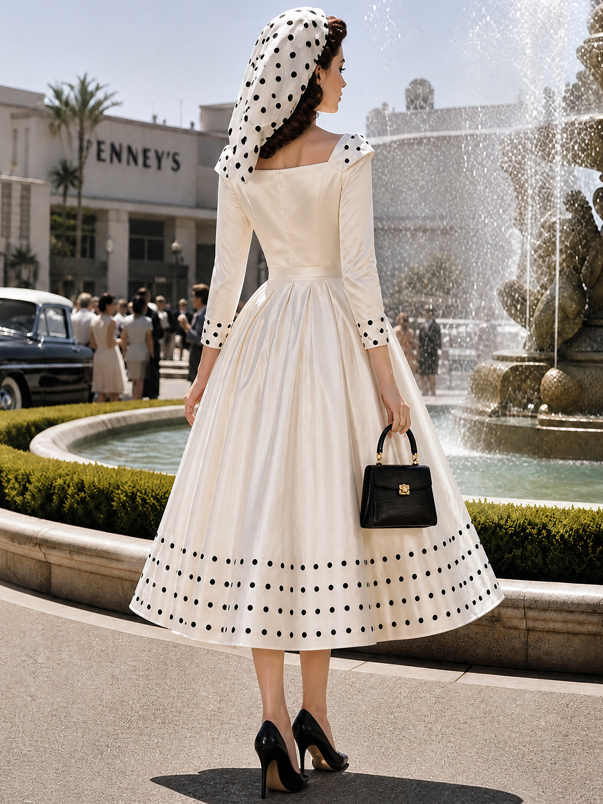Vintage Ivory Polka-Dot Trim Boat-Neck A-Line Dress