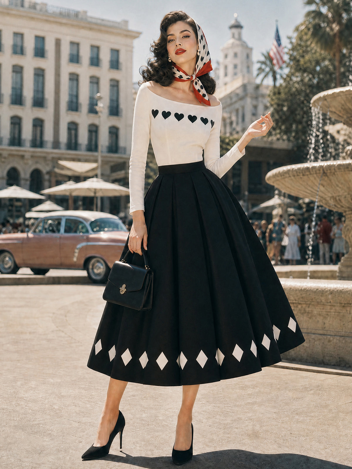 Vintage Ivory Heart Black Midi Dress