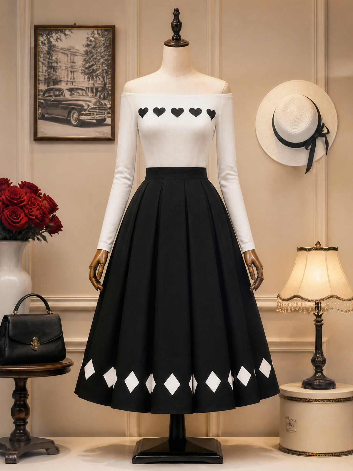 Vintage Ivory Heart Black Midi Dress