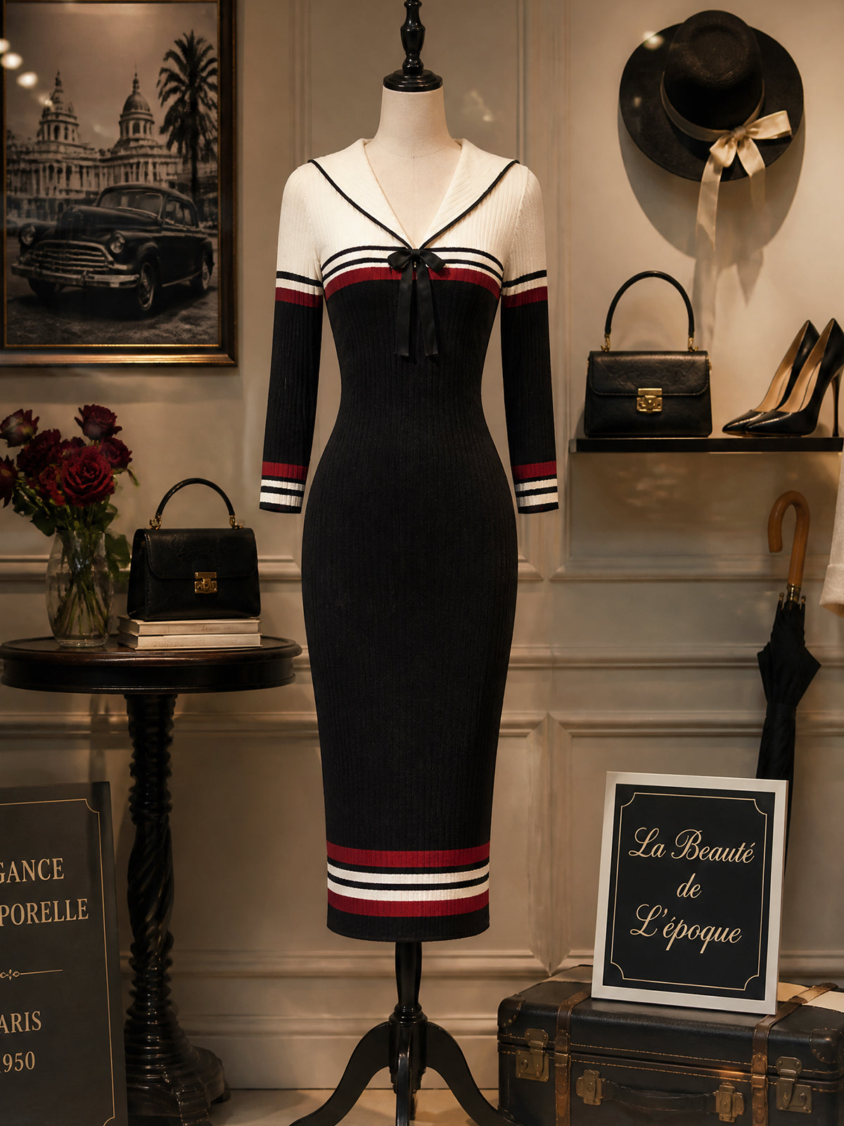 Vintage Black Sailor-Collar Bow Ribbed Bodycon Knit Dress