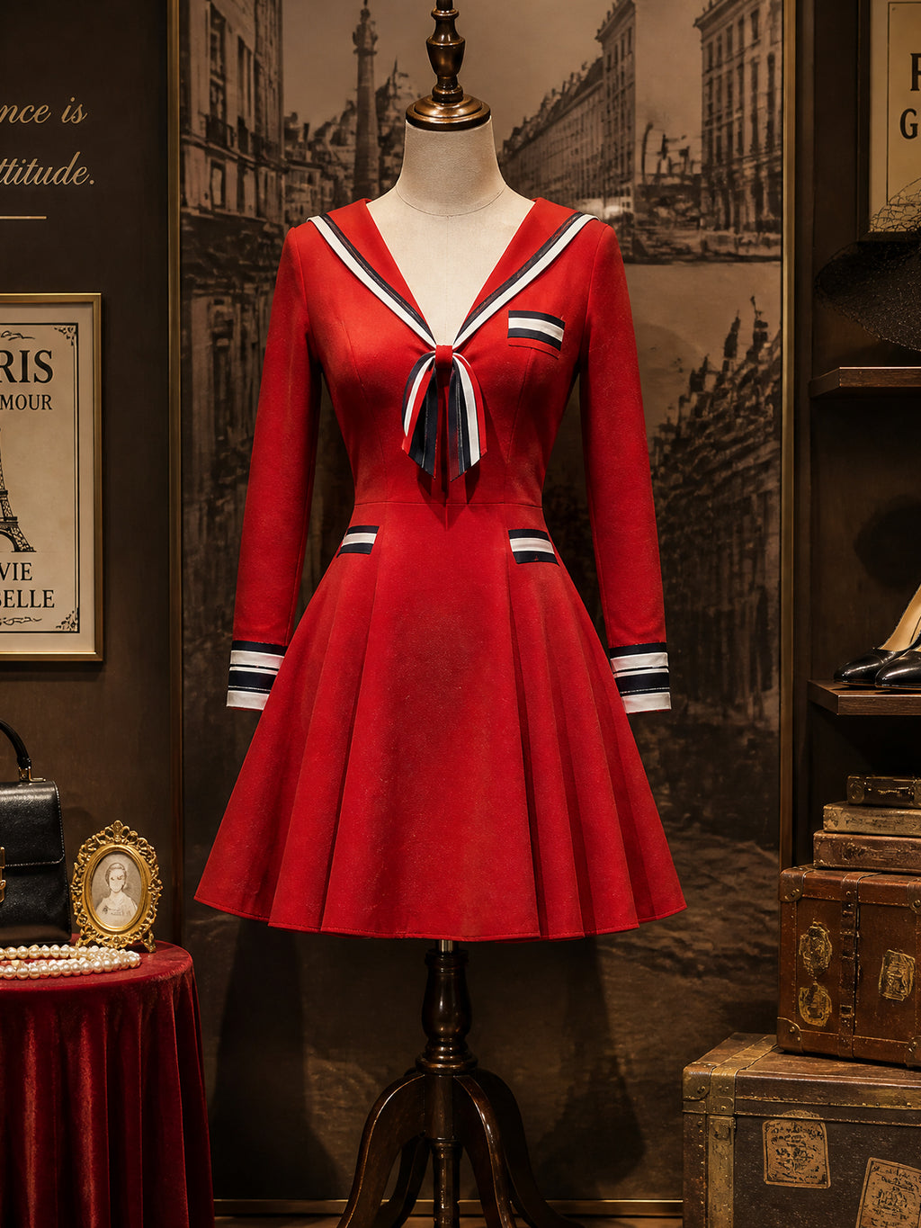 Vintage Red Sailor-Collar Bow Suede Skater Dress