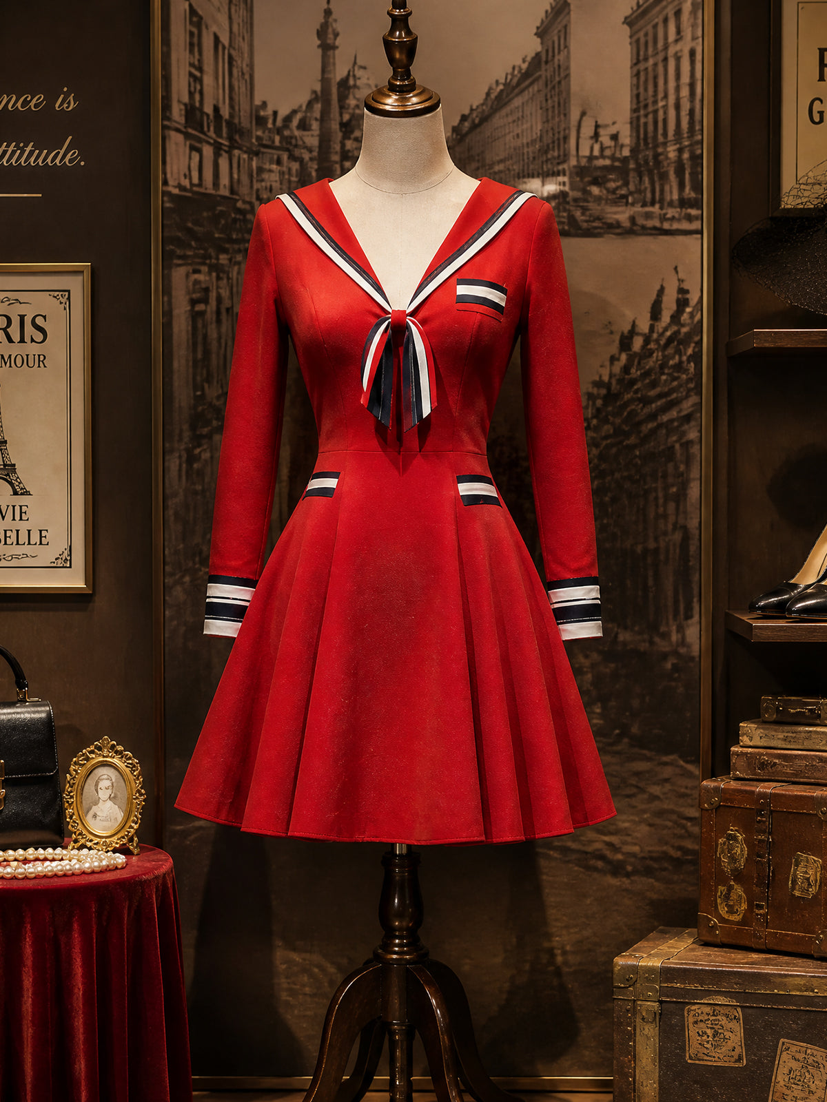 Vintage Red Sailor-Collar Bow Suede Skater Dress