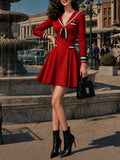 Vintage Red Sailor-Collar Bow Suede Skater Dress