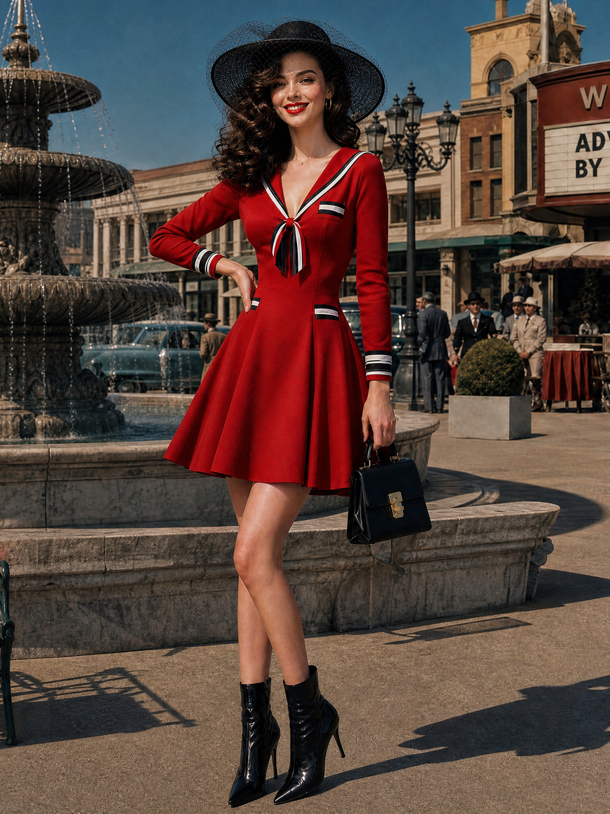 Vintage Red Sailor-Collar Bow Suede Skater Dress
