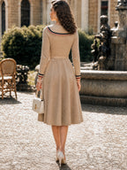 Vintage Beige Sailor-Collar Bow-Tie Belted Knit Dress