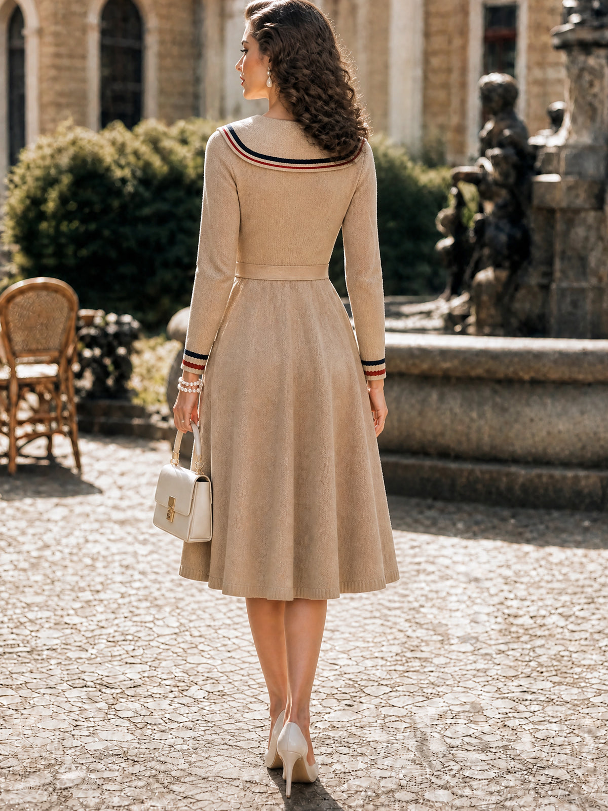 Vintage Beige Sailor-Collar Bow-Tie Belted Knit Dress