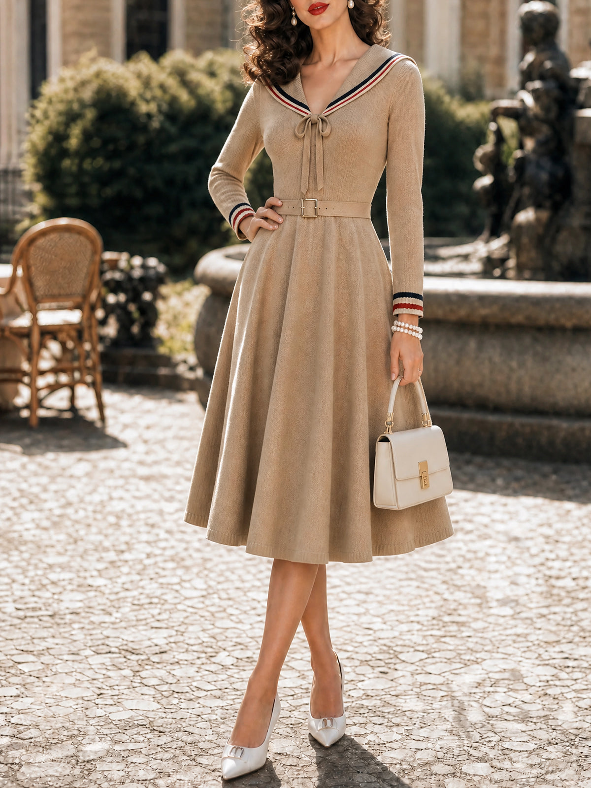 Vintage Beige Sailor-Collar Bow-Tie Belted Knit Dress
