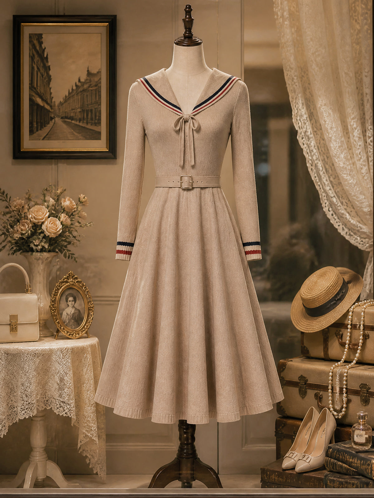 Vintage Beige Sailor-Collar Bow-Tie Belted Knit Dress