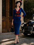 Vintage Blue Red Polka-Dot Bow Belted Knit Dress