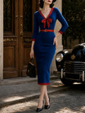 Vintage Blue Red Polka-Dot Bow Belted Knit Dress