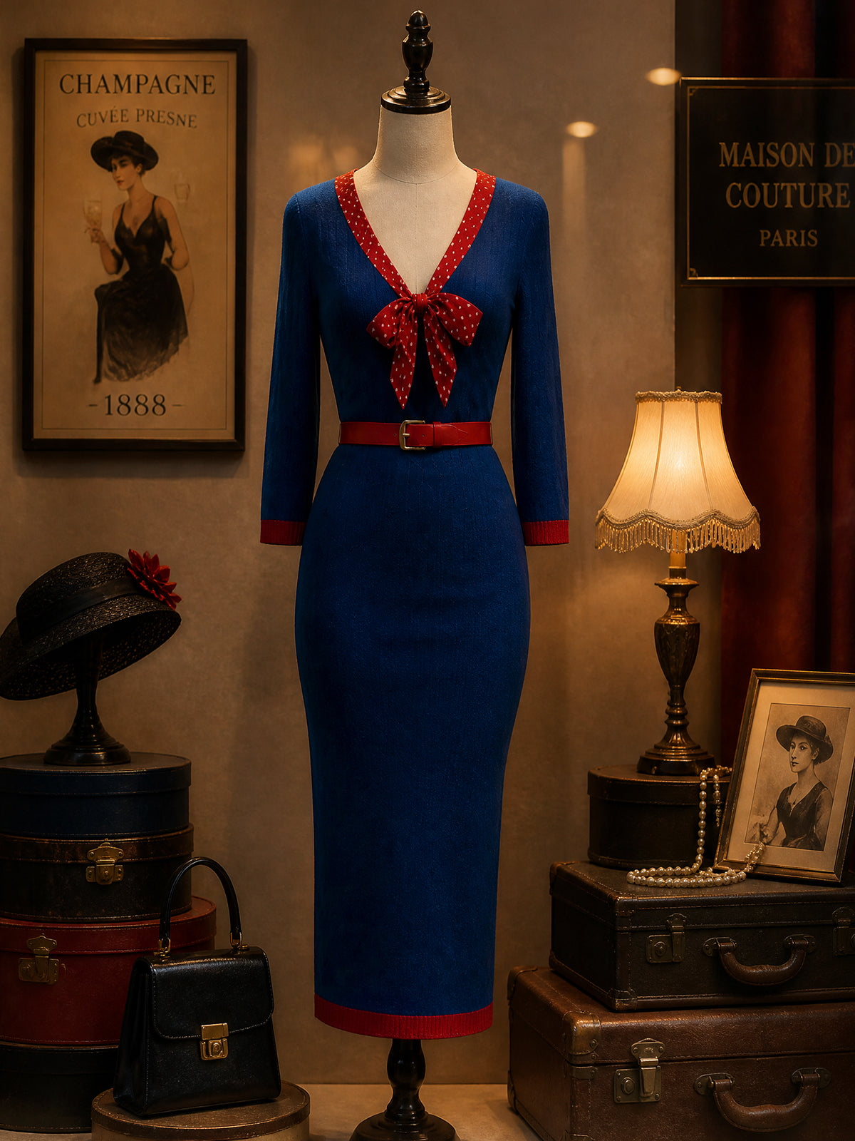 Vintage Blue Red Polka-Dot Bow Belted Knit Dress