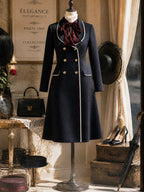 Vintage Black Polka-Dot Velvet-Bow Double-Breasted A-Line Dress