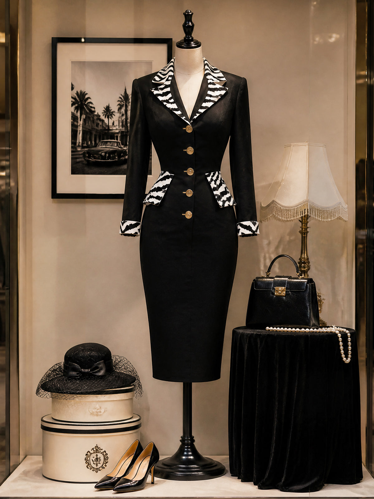 Vintage Black Zebra-Trim Button-Front Bodycon Midi Dress