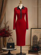 Vintage Red Polka-Dot Collar Ribbed Bodycon Knit Dress