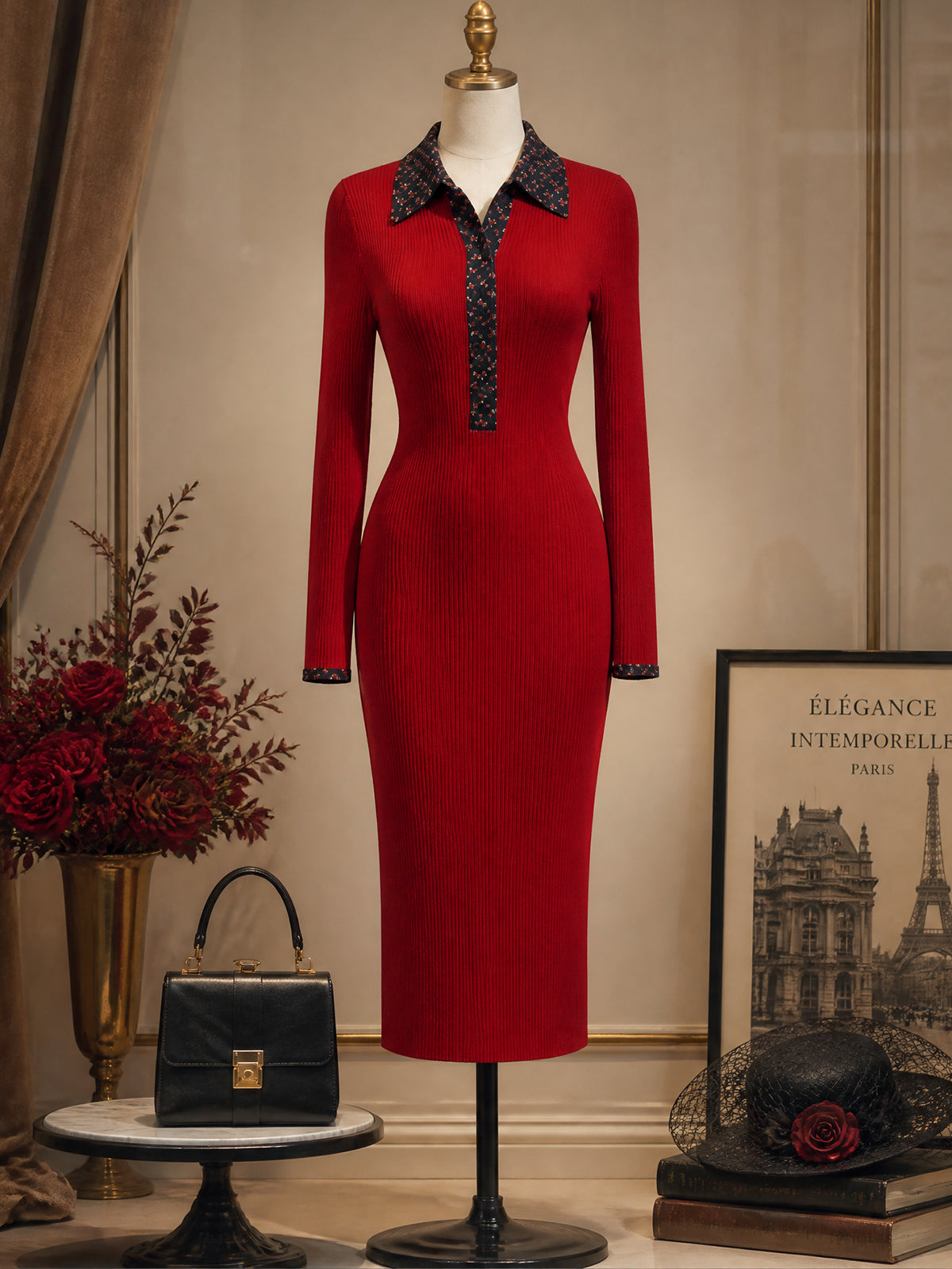 Vintage Red Polka-Dot Collar Ribbed Bodycon Knit Dress