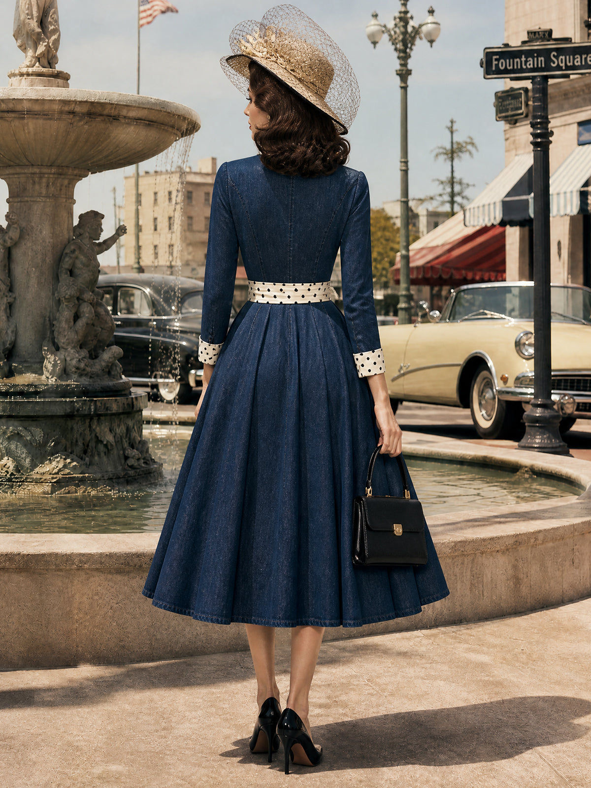 Vintage Denim Polka-Dot Shawl-Collar Belted A-Line Dress