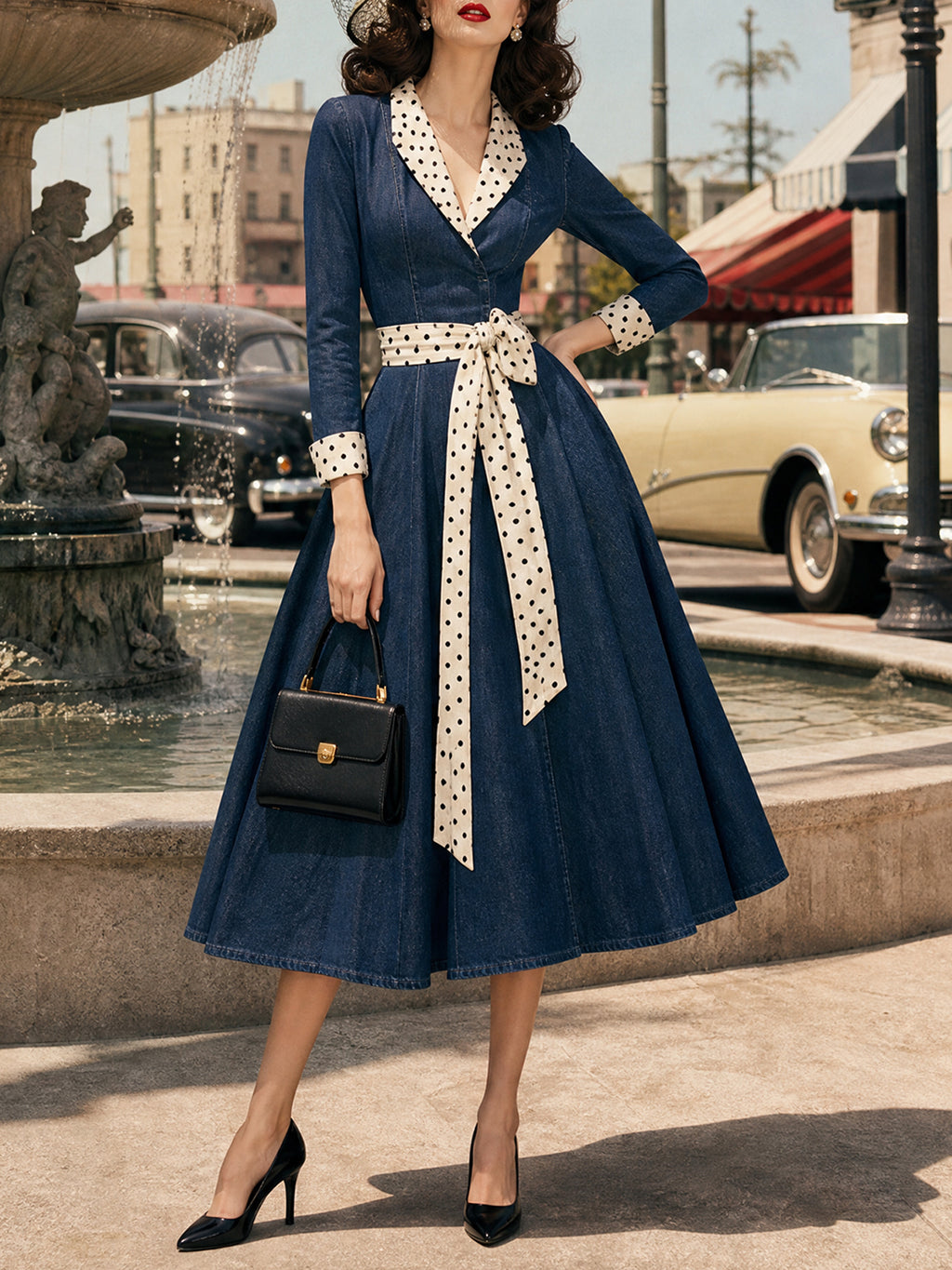 Vintage Denim Polka-Dot Shawl-Collar Belted A-Line Dress