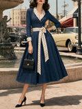 Vintage Denim Polka-Dot Shawl-Collar Belted A-Line Dress