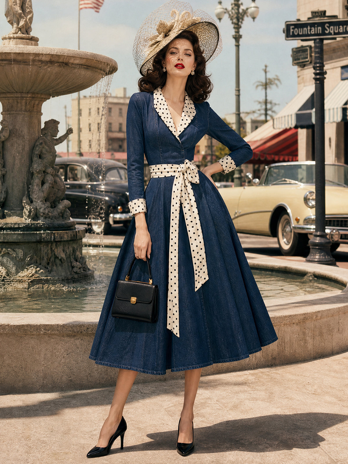 Vintage Denim Polka-Dot Shawl-Collar Belted A-Line Dress