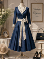 Vintage Denim Polka-Dot Shawl-Collar Belted A-Line Dress