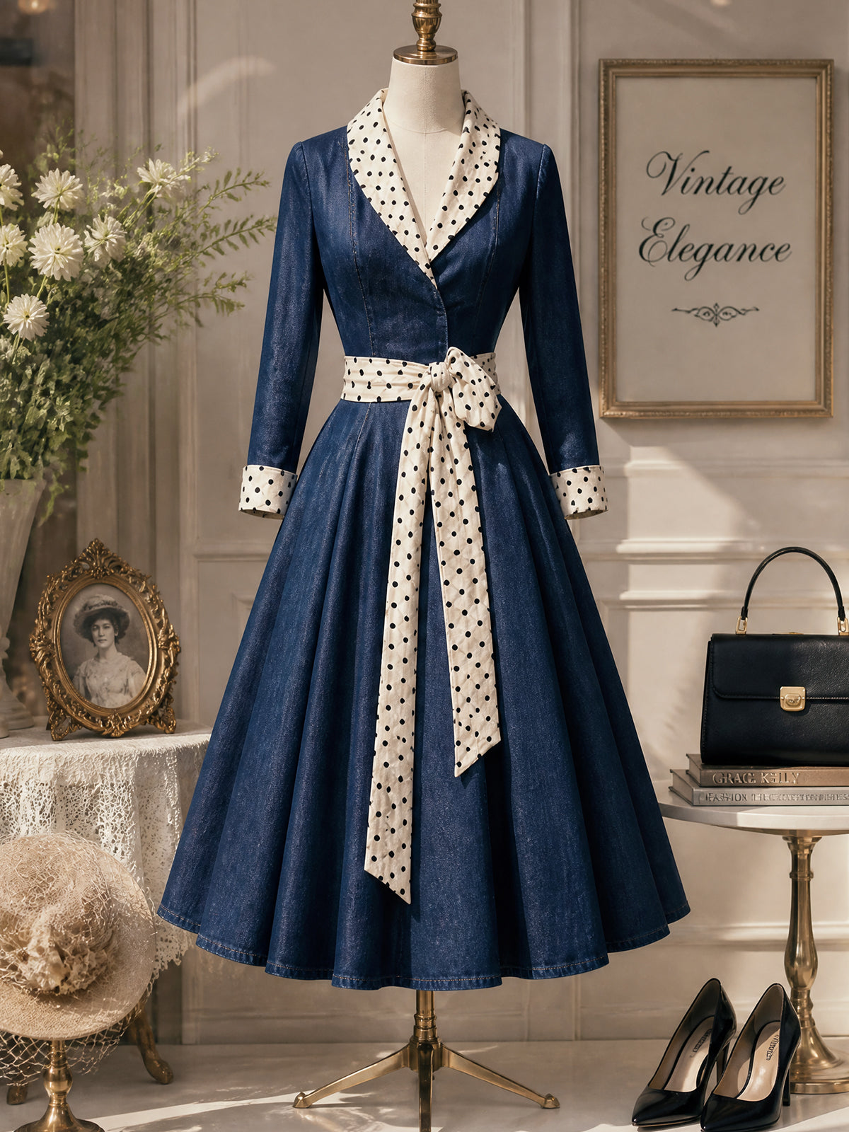 Vintage Denim Polka-Dot Shawl-Collar Belted A-Line Dress
