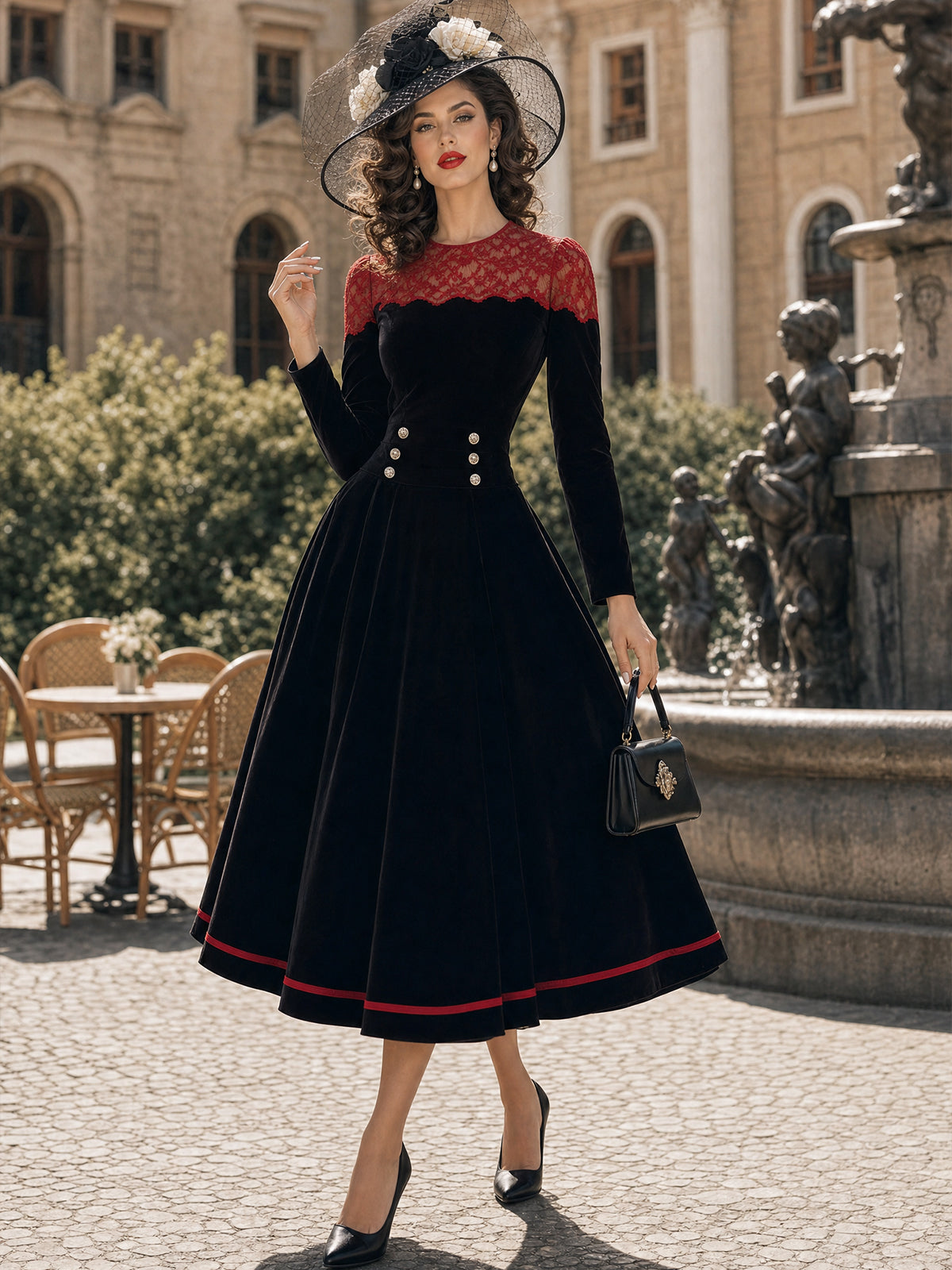 Vintage Black Red-Lace-Yoke Velvet A-Line Midi Dress
