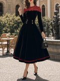 Vintage Black Red-Lace-Yoke Velvet A-Line Midi Dress