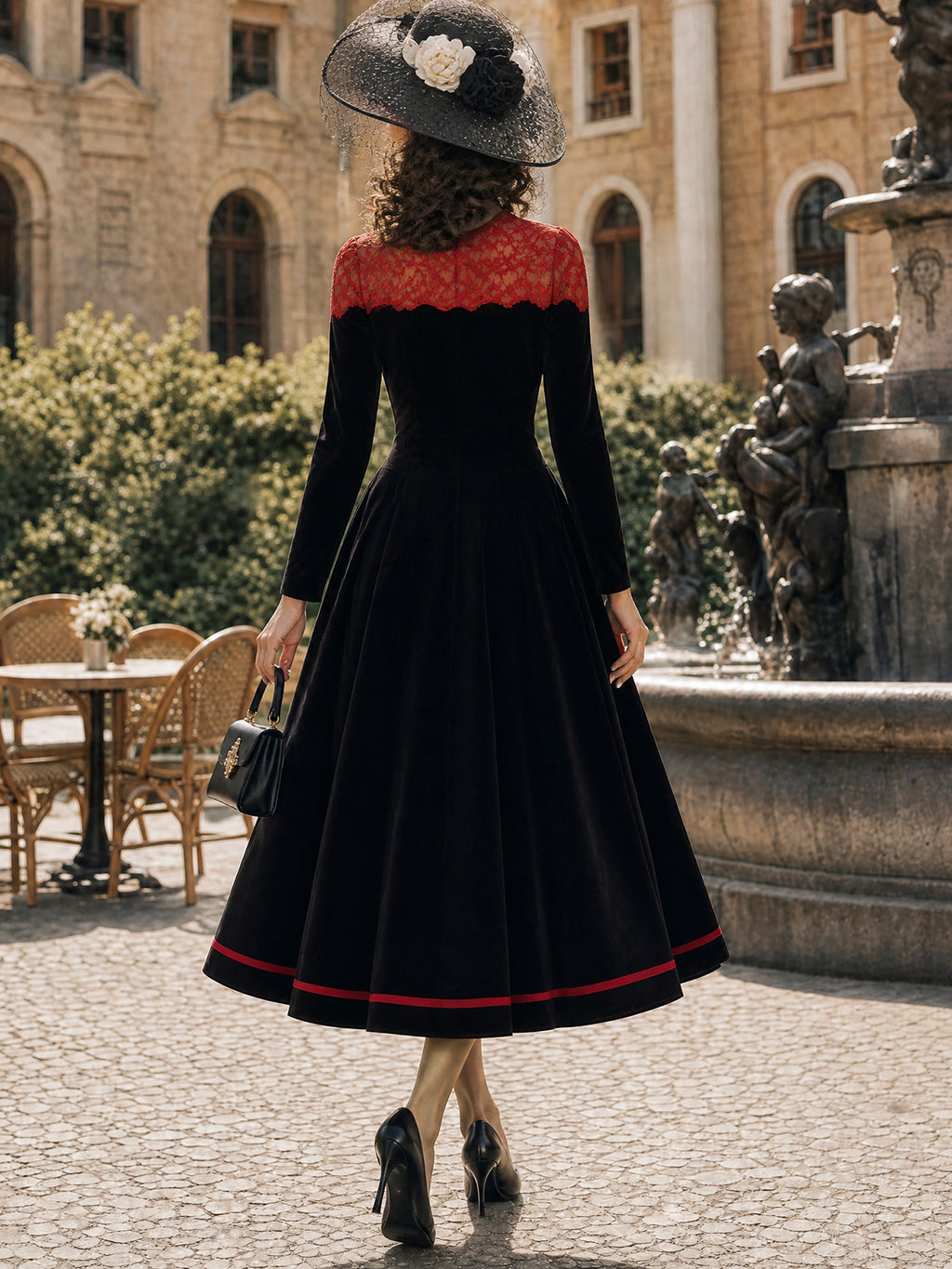 Vintage Black Red-Lace-Yoke Velvet A-Line Midi Dress