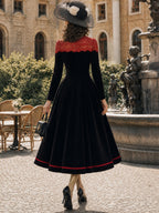 Vintage Black Red-Lace-Yoke Velvet A-Line Midi Dress