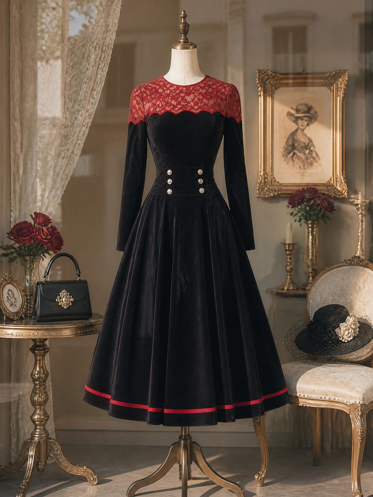 Vintage Black Red-Lace-Yoke Velvet A-Line Midi Dress
