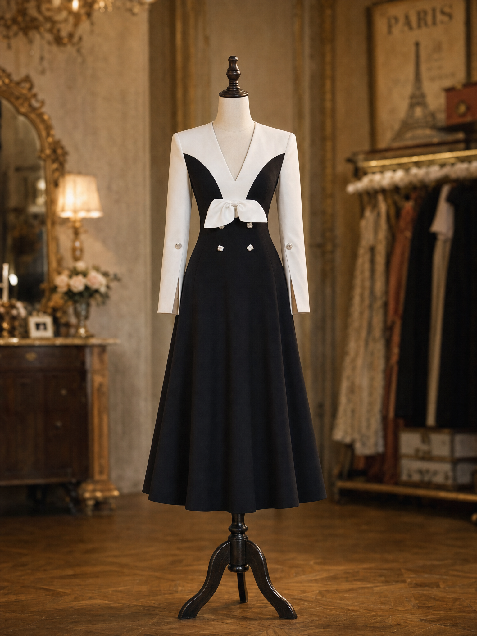 Vintage Black‑White Colorblock Bow Front Long Sleeve Split Cuff A‑Line Midi Dress