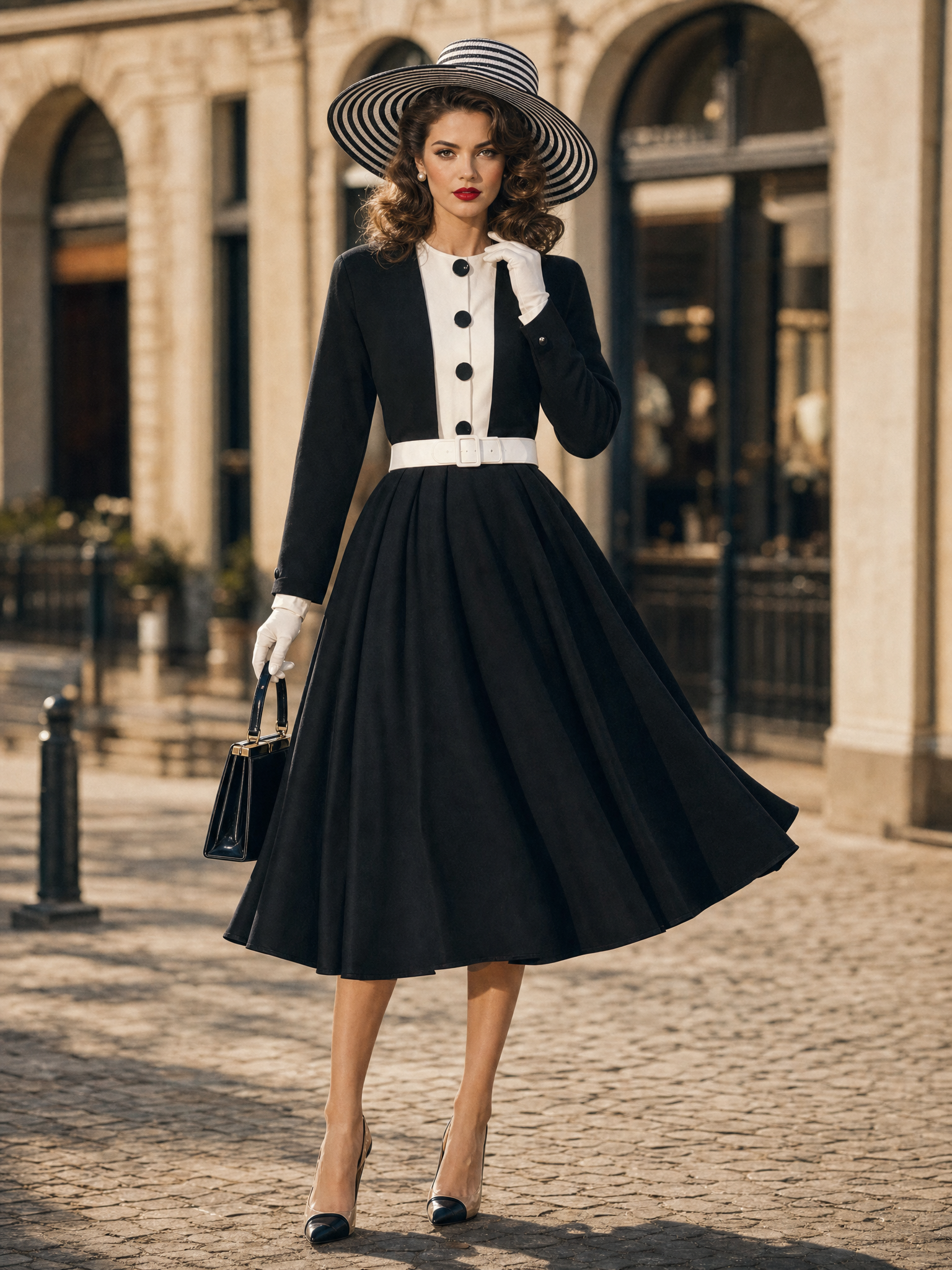 Vintage Color Block Long Sleeve Belted A‑Line Swing Cocktail Office Midi Dress